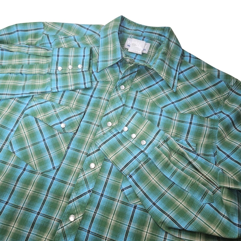 Wrangler Western Shirt Mens Large Green Blue‎ Plaid Pearl Snap Cowboy Rodeo